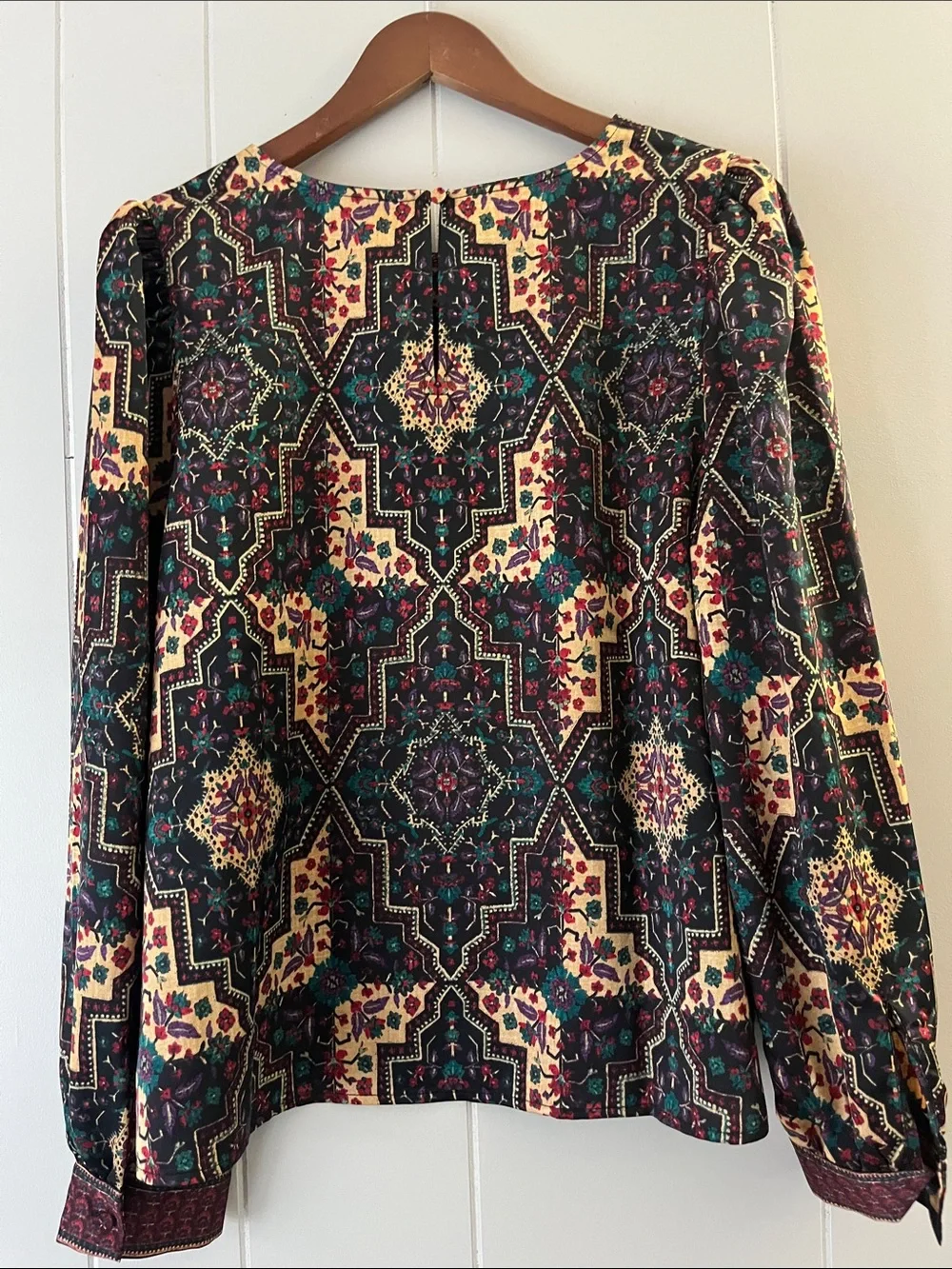 LOFT Black and Cream Geometric Floral Long-Sleeve Blouse